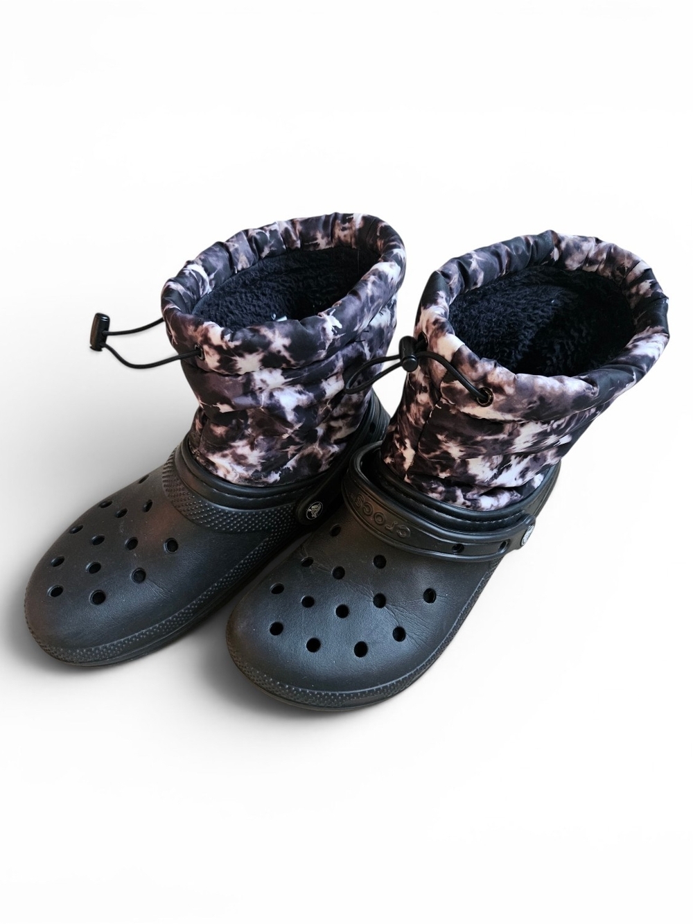 CROCS Size 7 Men's 9 Women's Black Clog Winter Boots Camo Leg Cuff
